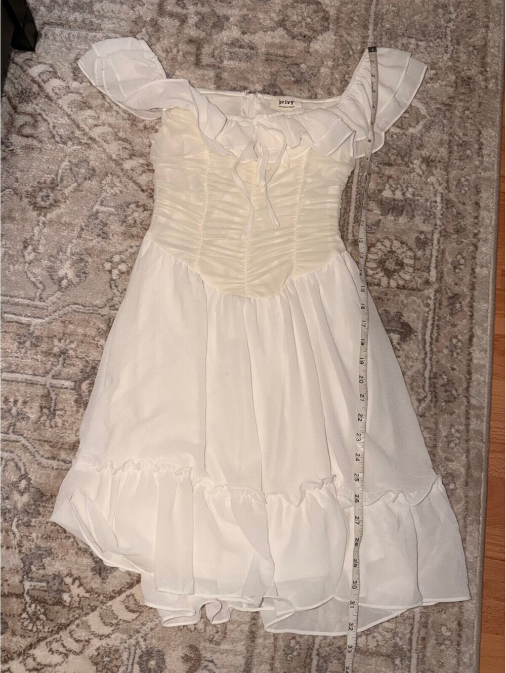 Privy White Ruffle Dress S Off Shoulder Ruched Tie Front